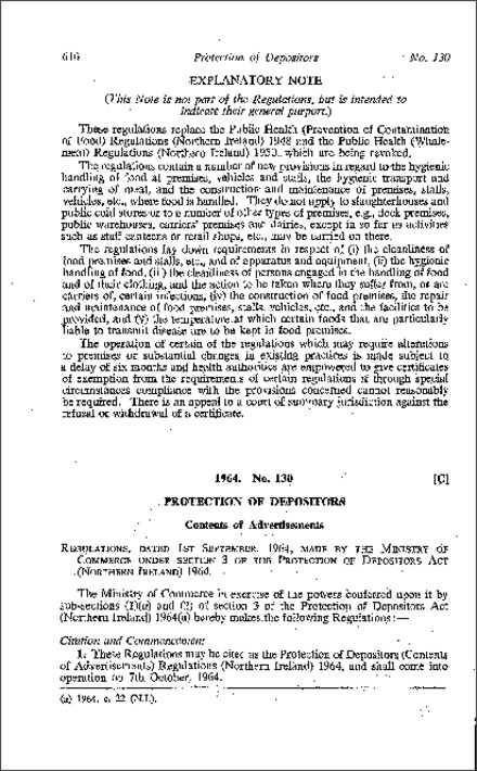 The Protection of Depositors (Contents of Advertisements) Regulations (Northern Ireland) 1964