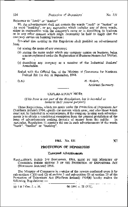 The Protection of Depositors (Exempted Advertisements) Regulations (Northern Ireland) 1964