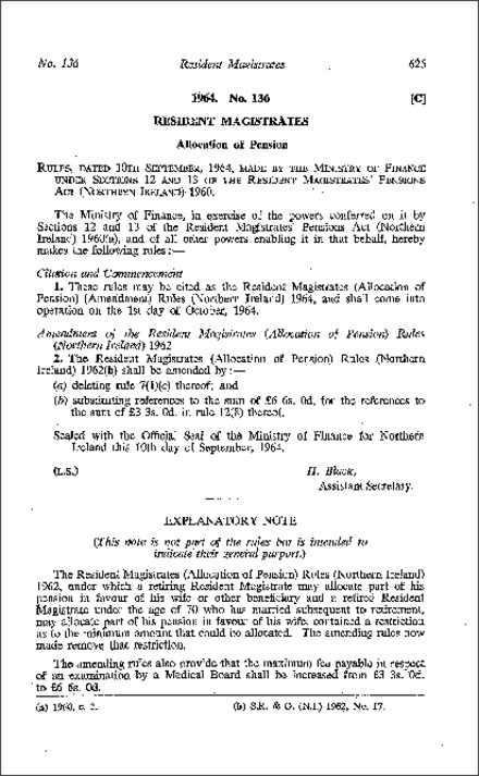 The Resident Magistrates (Allocation of Pension) (Amendment) Rules (Northern Ireland) 1964