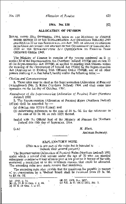 The Superannuation (Allocation of Pensions) (Amendment) (No. 2) Rules (Northern Ireland) 1964