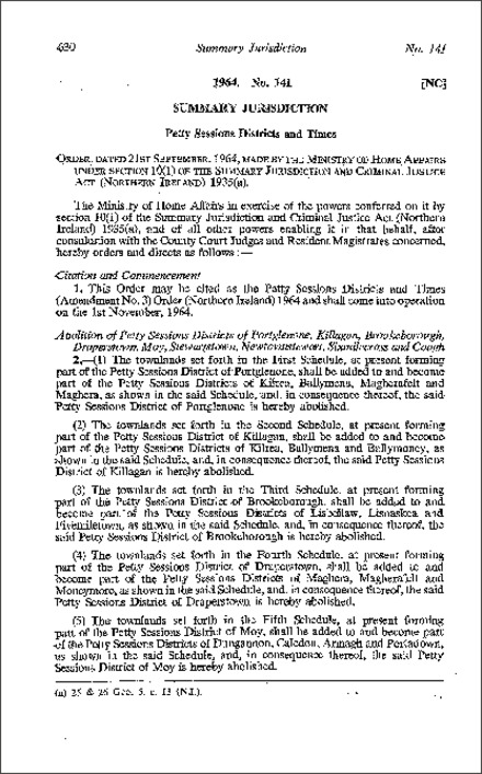 The Petty Sessions Districts and Times (Amendment No. 3) Order (Northern Ireland) 1964