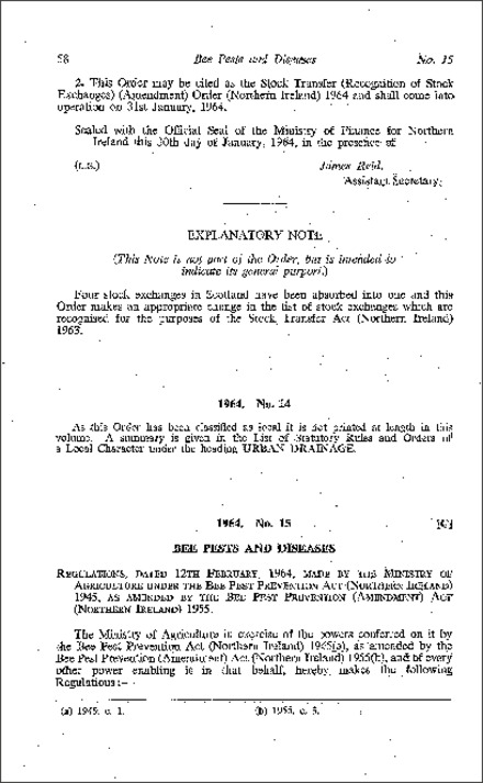 The Bee Pest Prevention (Amendment) Regulations (Northern Ireland) 1964