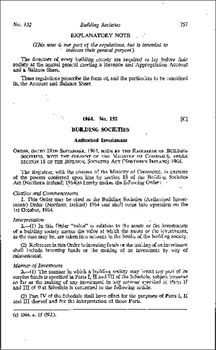 The Building Societies (Authorised Investments) Order (Northern Ireland) 1964