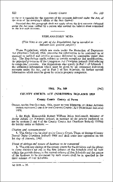 The County Courts Times of Sittings (County Down) Order (Northern Ireland) 1964