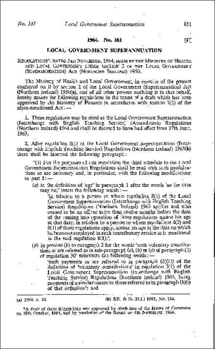 The Local Government Superannuation (Interchange with English Teaching Service) (Amendment) Regulations (Northern Ireland) 1964