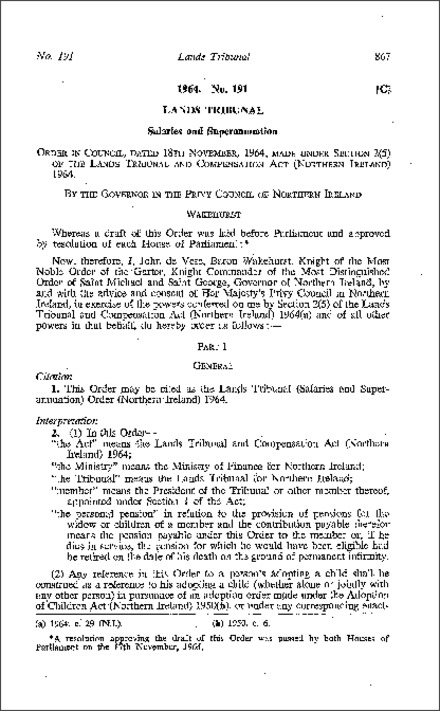 The Lands Tribunal (Salaries and Superannuation) Order (Northern Ireland) 1964