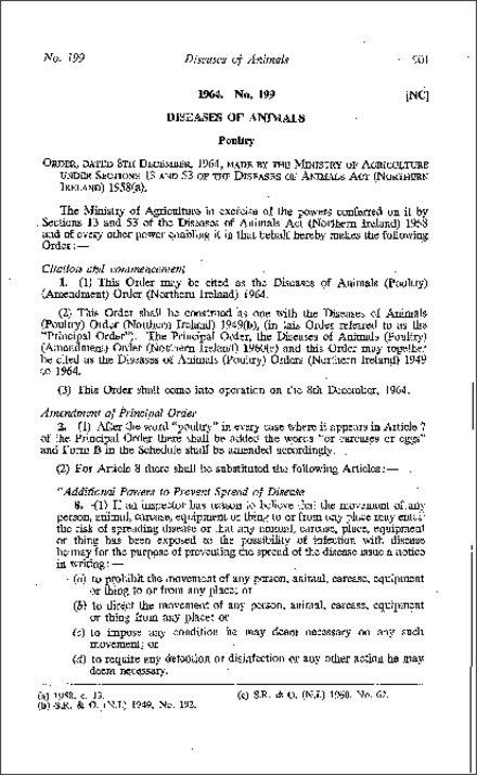 The Diseases of Animals (Poultry) (Amendment) Order (Northern Ireland) 1964