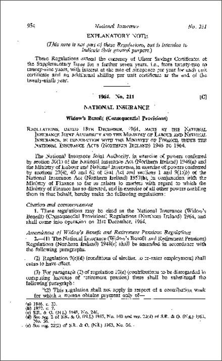 The National Insurance (Widow's Benefit) (Consequential Provisions) Regulations (Northern Ireland) 1964