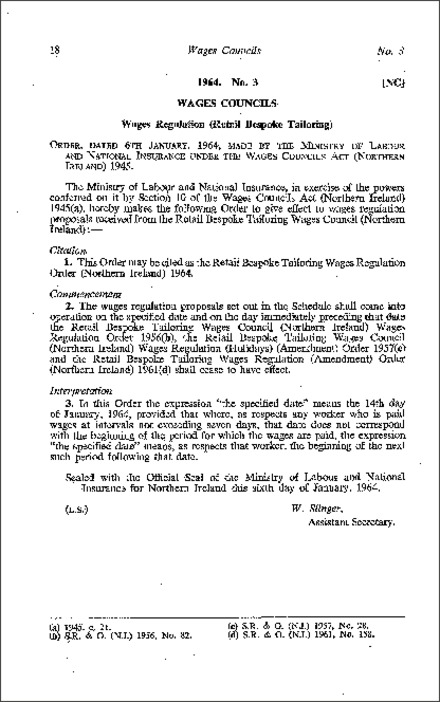 The Retail Bespoke Tailoring Wages Regulations Order (Northern Ireland) 1964