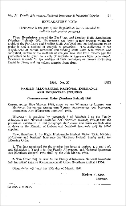 The Family Allowances National Insurance and Industrial Injuries (Commencement) Order (Northern Ireland) 1964