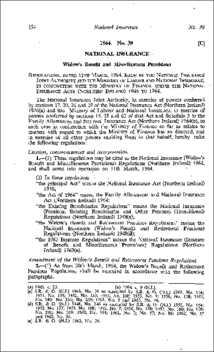 The National Insurance (Widow's Benefit and Miscellaneous Provisions) Regulations (Northern Ireland) 1964