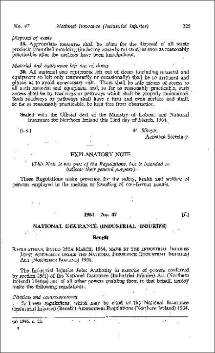 The National Insurance (Industrial Injuries) (Benefit) Amendment Regulations (Northern Ireland) 1964