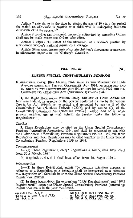 The Ulster Special Constabulary Pensions (Amendment) Regulations (Northern Ireland) 1964