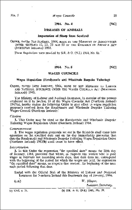 The Readymade and Wholesale Bespoke Tailoring Wages Regulations Order (Northern Ireland) 1964