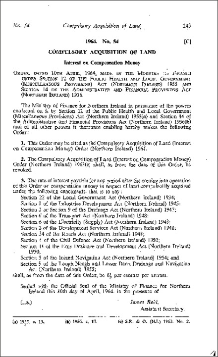 The Compulsory Acquisition of Land (Interest on Compensation Money) Order (Northern Ireland) 1964