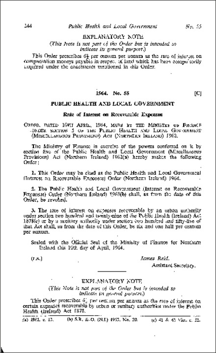 The Public Health and Local Government (Interest on Recoverable Expenses) Order (Northern Ireland) 1964