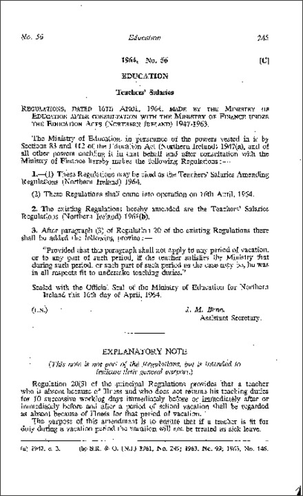 The Teachers' Salaries Amendment Regulations (Northern Ireland) 1964