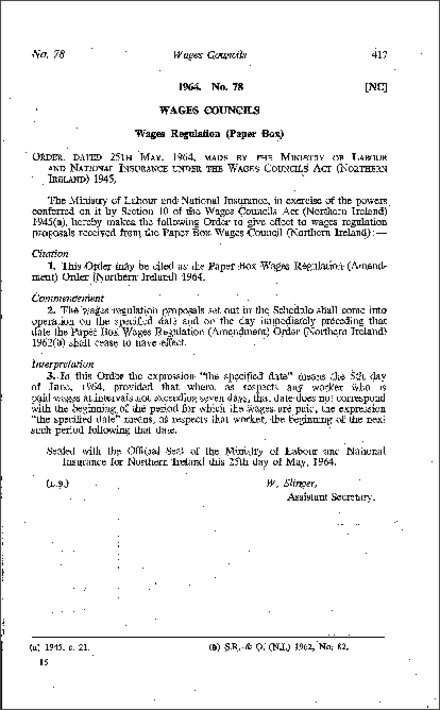 The Paper Box Wages Regulations (Amendment) Order (Northern Ireland) 1964