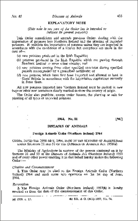 The Foreign Animals Order (Northern Ireland) 1964