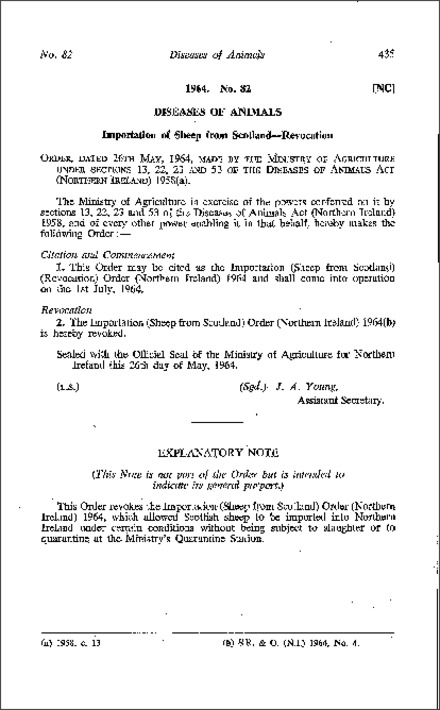 The Importation (Sheep from Scotland) (Revocation) Order (Northern Ireland) 1964