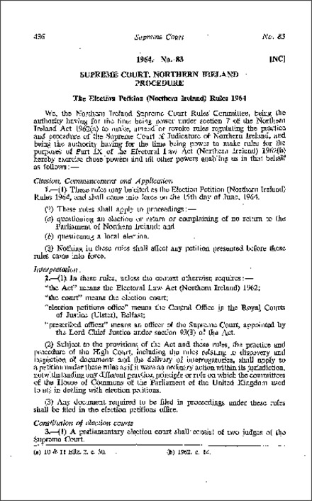 The Election Petition Rules (Northern Ireland) 1964