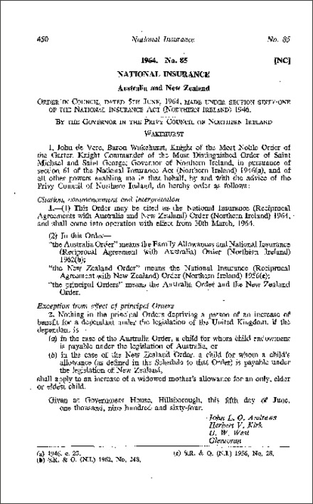 The National Insurance (Reciprocal Agreements with Australia and New Zealand) Order (Northern Ireland) 1964