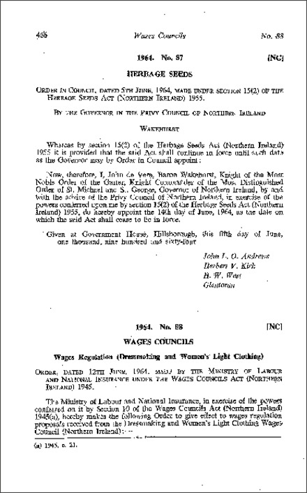 The Order in Council appointing day for the cessation of the Herbage Seeds Act (Northern Ireland) 1964
