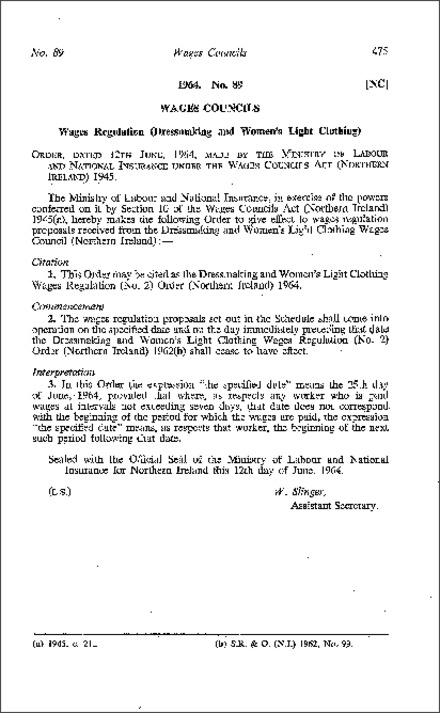 The Dressmaking and Women's Light Clothing Wages Regulations (No. 2) Order (Northern Ireland) 1964