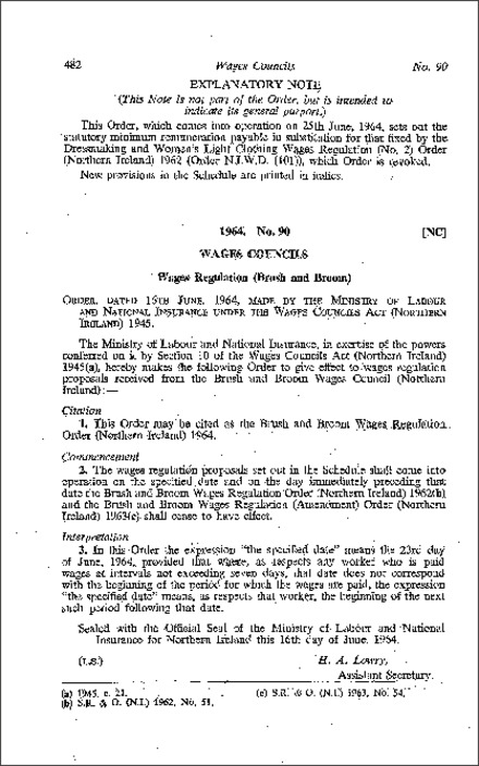 The Brush and Broom Wages Regulations Order (Northern Ireland) 1964