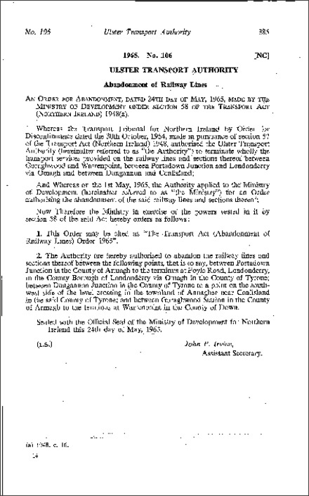 The Transport Act (Abandonment of Railway Lines) Order (Northern Ireland) 1965