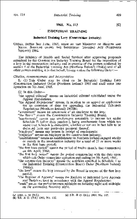 The Industrial Training Levy (Construction Industry) Order (Northern Ireland) 1965