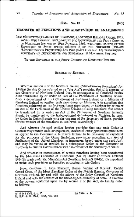 The Ministries (Transfer of Functions) Order (Northern Ireland) 1965