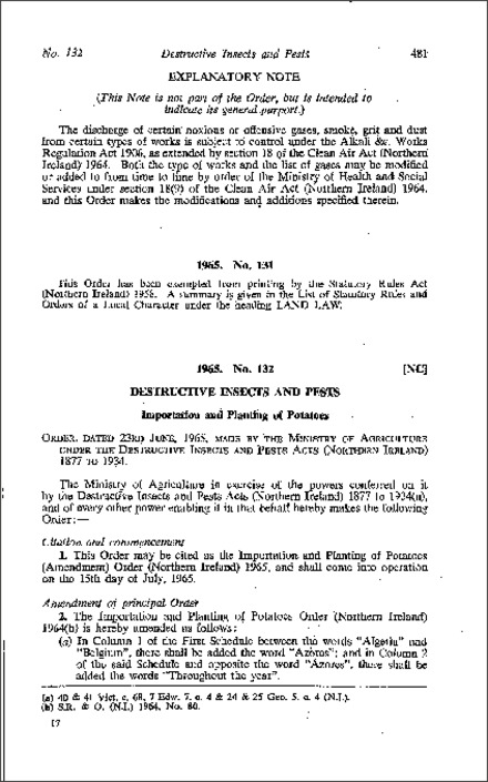 The Importation and Planting of Potatoes (Amendment) Order (Northern Ireland) 1965