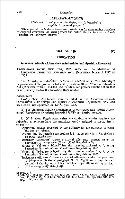 The Grammar Schools (Admissions, Scholarships and Special Allowances) Regulations (Northern Ireland) 1965