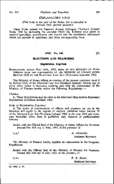 The Electoral (Registration Expenses) Regulations (Northern Ireland) 1965