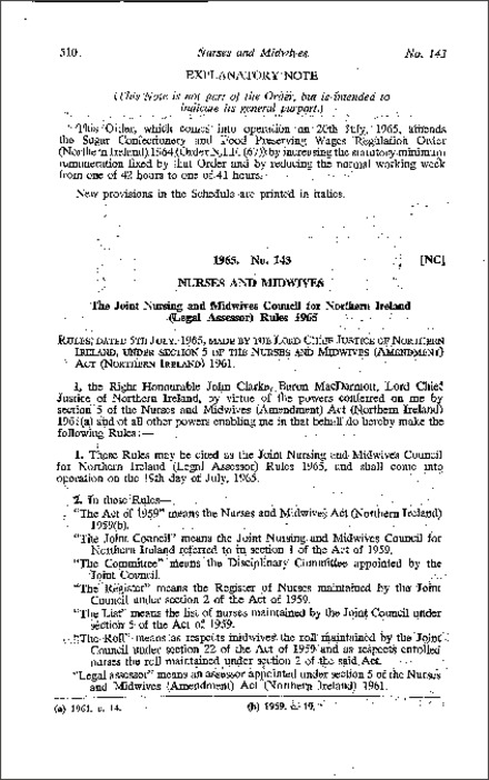 The Joint Nursing and Midwives Council for Northern Ireland (Legal Assessor) Rules (Northern Ireland) 1965