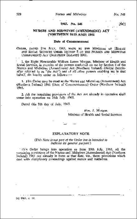 The Nurses and Midwives (Amendment) Act 1961 Date of Commencement) Order (Northern Ireland) 1965