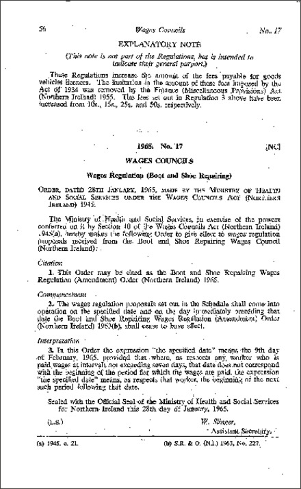 The Boot and Shoe Repairing Wages Regulations (Amendment) Order (Northern Ireland) 1965