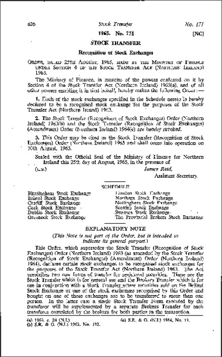 The Stock Transfer (Recognition of Stock Exchanges) Order (Northern Ireland) 1965
