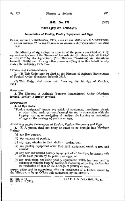 The Diseases of Animals (Importation of Poultry) Order (Northern Ireland) 1965