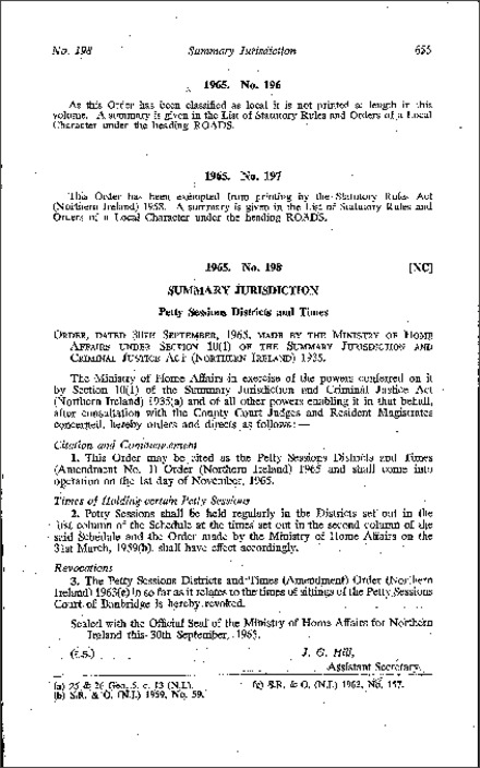 The Petty Sessions Districts and Times (Amendment No. 1) Order (Northern Ireland) 1965