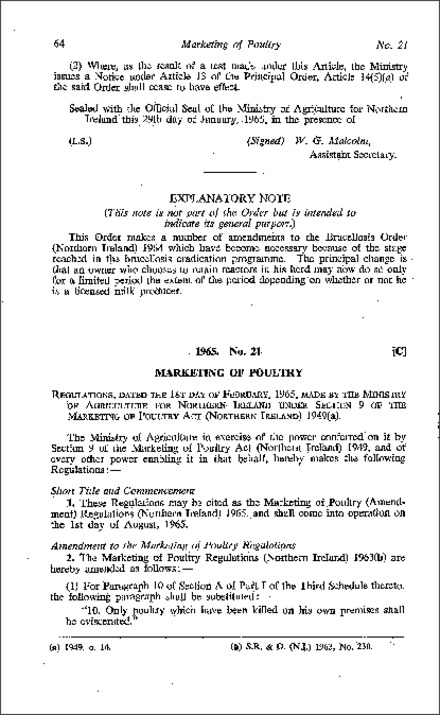 The Marketing of Poultry (Amendment) Regulations (Northern Ireland) 1965