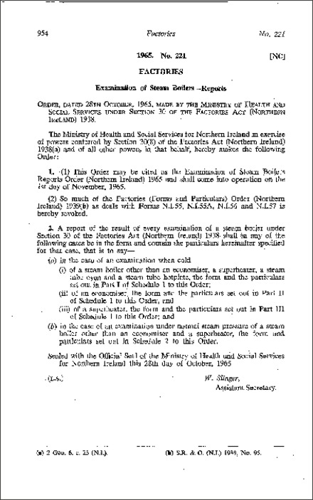 The Examination of Steam Boilers Reports Order (Northern Ireland) 1965