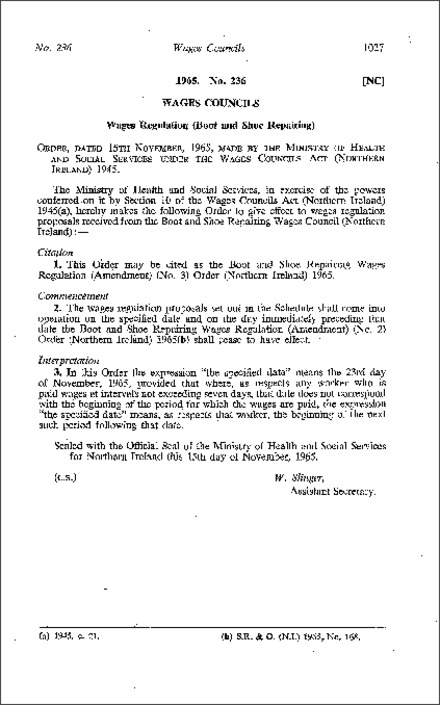 The Boot and Shoe Repairing Wages Regulations (Amendment) (No. 3) Order (Northern Ireland) 1965