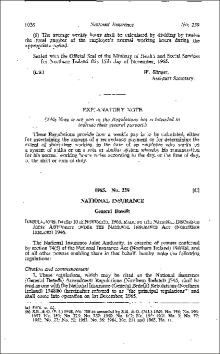 The National Insurance (General Benefit) Amendment Regulations (Northern Ireland) 1965