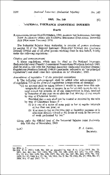 The National Insurance (Industrial Injuries) (Benefit) Amendment Regulations (Northern Ireland) 1965