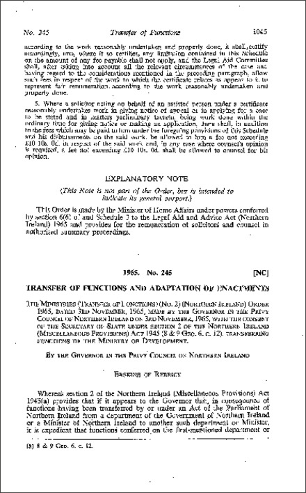 The Ministries (Transfer of Functions) (No. 2) Order (Northern Ireland) 1965
