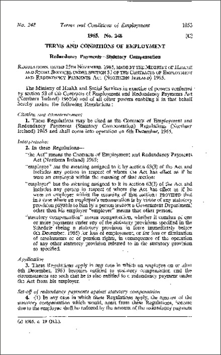 The Contracts of Employment and Redundancy Payments (Statutory Compensation) Regulations (Northern Ireland) 1965