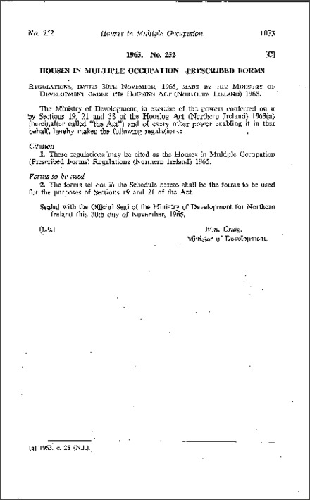 The Housing in Multiple Occupation (Prescribed Forms) Regulations (Northern Ireland) 1965