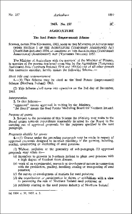 The Seed Potato (Improvement) Scheme (Northern Ireland) 1965